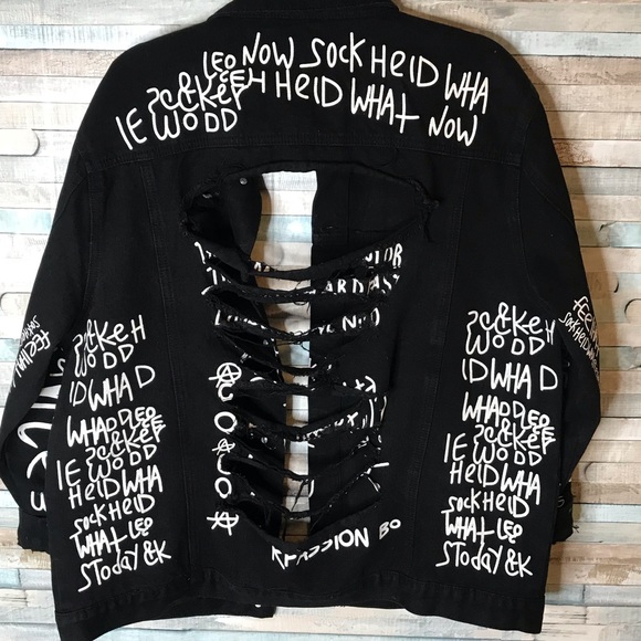 Jackets & Blazers - Black distressed jeans jacket w words all over L
